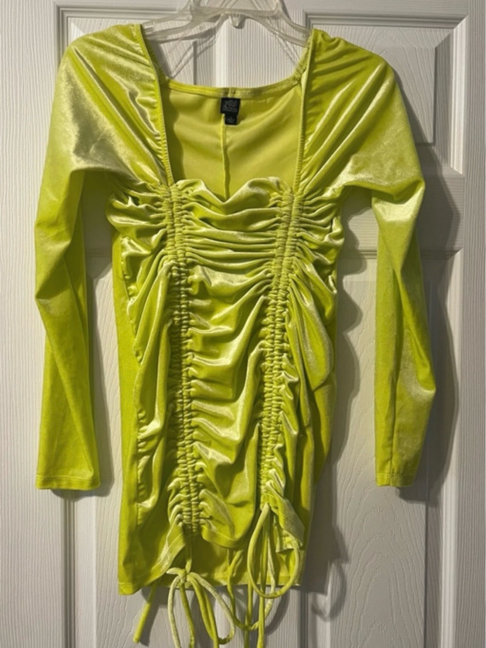 Chartreuse Velvet Ruched Long Sleeve Top